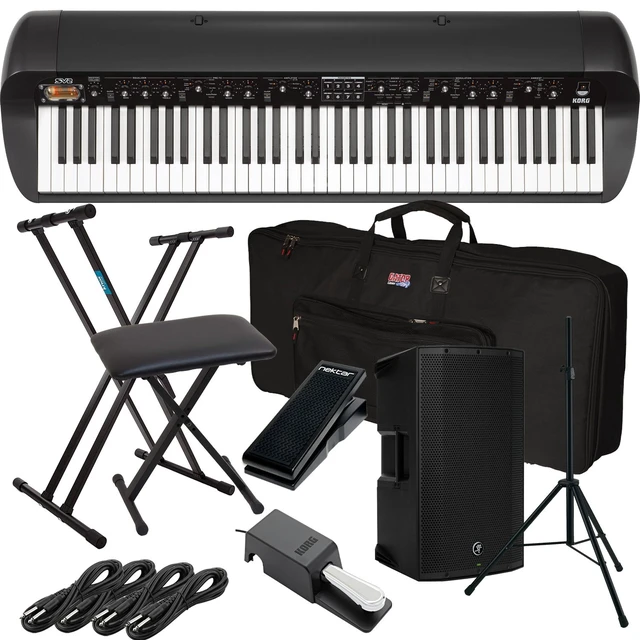 Main image of Korg SV-2 73-Key Vintage Stage Piano (Black) (Korg DS-2H Pedal Included), Mackie Thump12A, Speaker Stand, Keyboard Stand, Bench, Gator GKB-76 Bag, Nektar NX-P, (4) 1/4 Cables Bundle