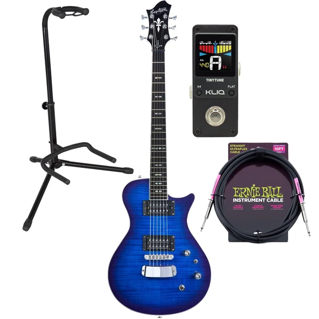 Main image of Hagstrom ULSWE-WDM Ultra Slim Swede 6 String Electric Guitar Worn Denim, Gator Stand GFW-GTR-1000, KLIQ TinyTune, ErnieBall Cable Bundle