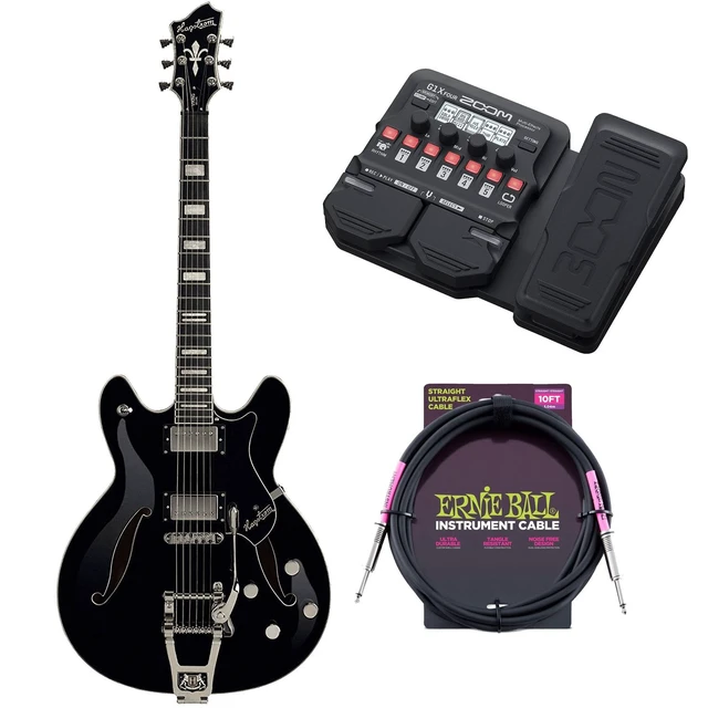 Main image of Hagstrom Tremar Viking Deluxe Electric Guitar Gloss Black, Zoom G1X FOUR Effects, ErnieBall Guitar Cable Bundle