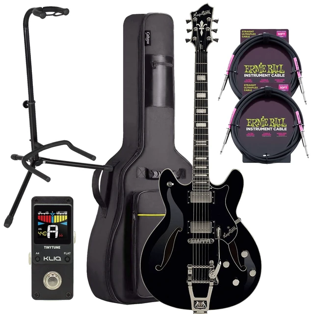 Main image of Hagstrom Tremar Viking Deluxe Electric Guitar Gloss Black, Gator Stand GFW-GTR-1000, (2) ErnieBall Guitar Cables, KLIQ TinyTune, CAHAYA Case Bundle
