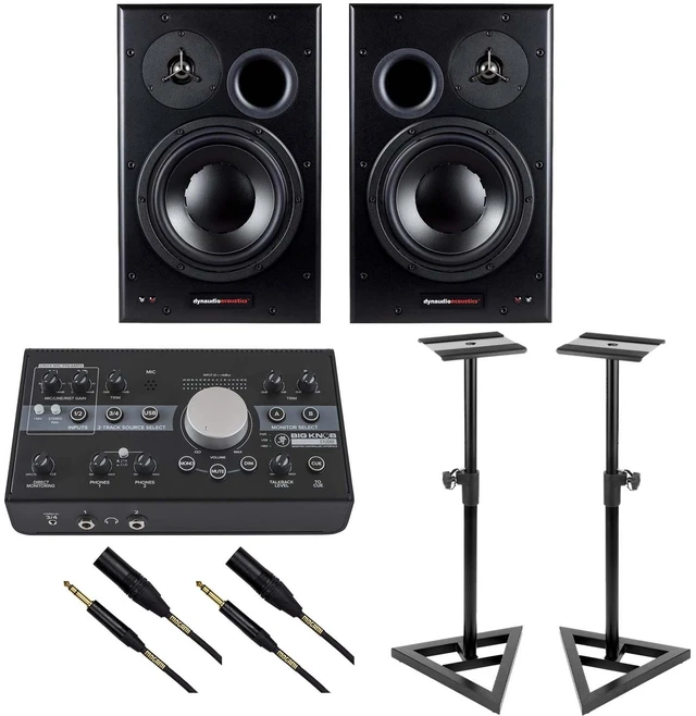 Main image of (2) Dynaudio BM15A 10 inch Powered Monitors, Mackie Big Knob Studio, Monitor Stands, (2) Mogami XLR to 1/4 Bundle