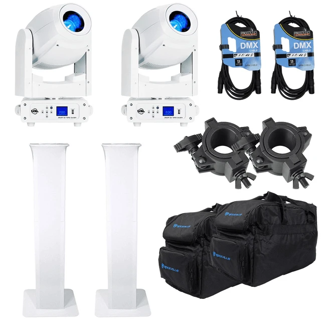 Main image of (2) American DJ Focus Spot 4Z Pearl 200W LED Moving Head Spot Fixtures with Rockville RTP32W Totem Moving Head Light Stands