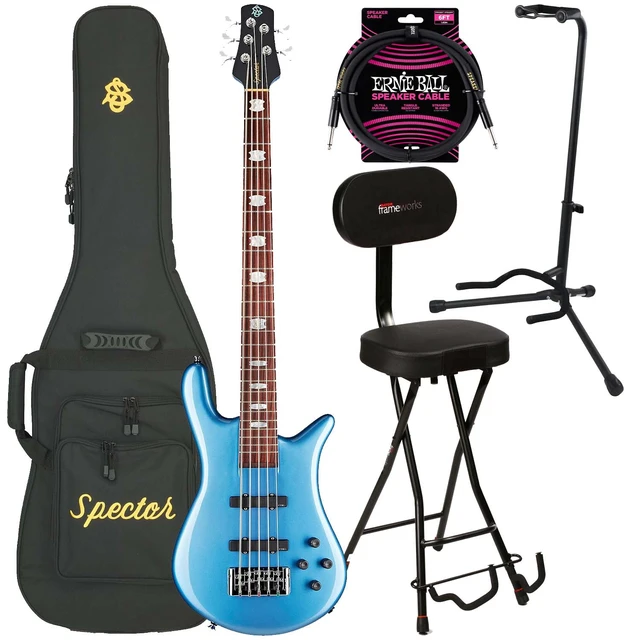 Main image of Spector Euro 5 Classic Bass Guitar, Metallic Blue Gloss, Gator GFW-GTR-SEAT and Stand, ErnieBall 1/4 Cable Bundle
