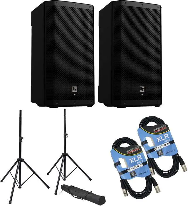 Main image of (2) Electro-Voice ZLX-12P-G2 12 1000W Powered Speaker, (2) Speaker Stands, (2) XLR Cables Bundle