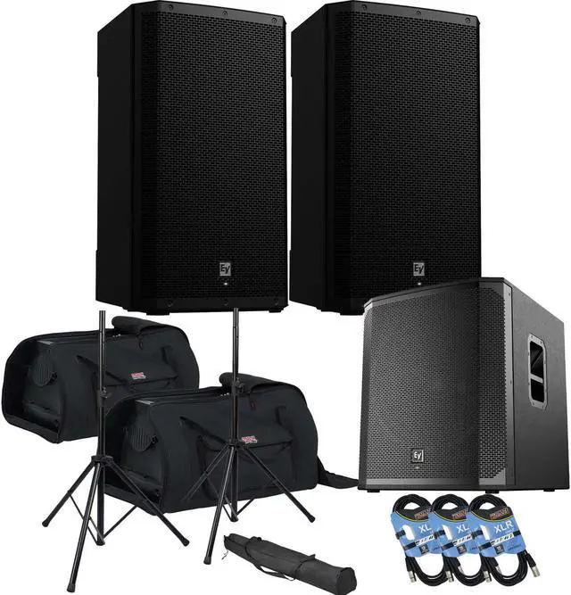Main image of (2) Electro-Voice ZLX-15P-G2 15 1000W Powered Speaker, (2) Gator Tote-15 Bags, EV ELX200-18SP, (2) Speaker Stands, (3) XLR Cables Bundle