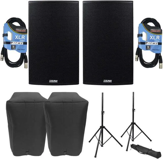 Main image of (2) EAW RS121 1500W 12 Powered Loudspeaker, (2) EAW Covers, (2) Speaker Stands, (2) XLR Cables Bundle