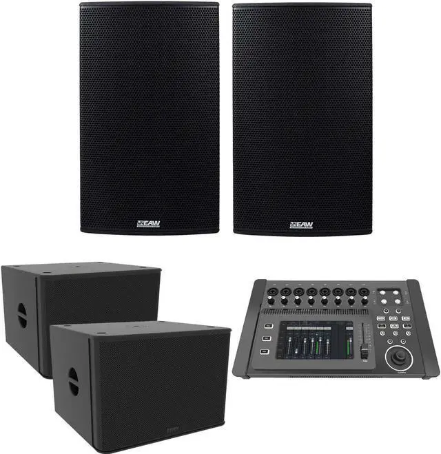 Main image of (2) EAW RS121 1500W 12 Powered Loudspeaker, (2) EAW RS118 Sub, PSG AUDIO DM-1608 Mixer Bundle
