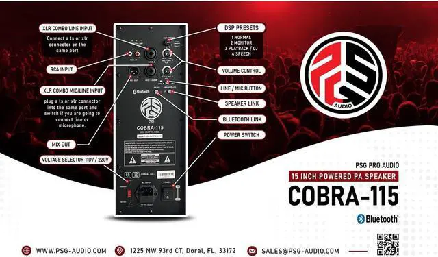 Alt view image 4 of 7 - (2) PSG Audio Cobra 15 2000 Watt, PSG Audio CHAOS 18 2400 Watts Sub, Stands, (3) XLR Cables Bundle