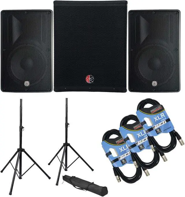 Main image of (2) PSG Audio Cobra 15 2000 Watt, PSG Audio CHAOS 18 2400 Watts Sub, Stands, (3) XLR Cables Bundle