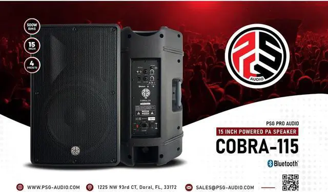 Alt view image 3 of 7 - (2) PSG Audio Cobra 15 2000 Watt, PSG Audio CHAOS 18 2400 Watts Sub, Stands, (3) XLR Cables Bundle
