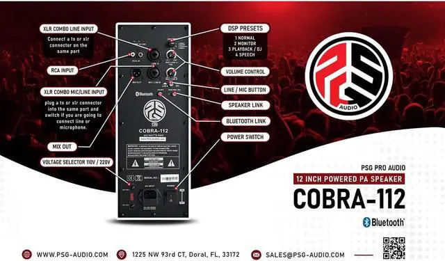 Alt view image 3 of 6 - (2) PSG Audio Cobra 12 1600 Watt, PSG Audio CHAOS 18 2400 Watt Sub, Stands, (3) XLR Cables Bundle