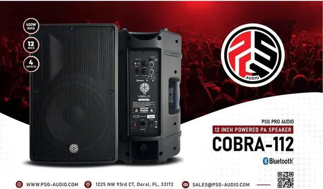Alt view image 2 of 6 - (2) PSG Audio Cobra 12 1600 Watt, PSG Audio CHAOS 18 2400 Watt Sub, Stands, (3) XLR Cables Bundle