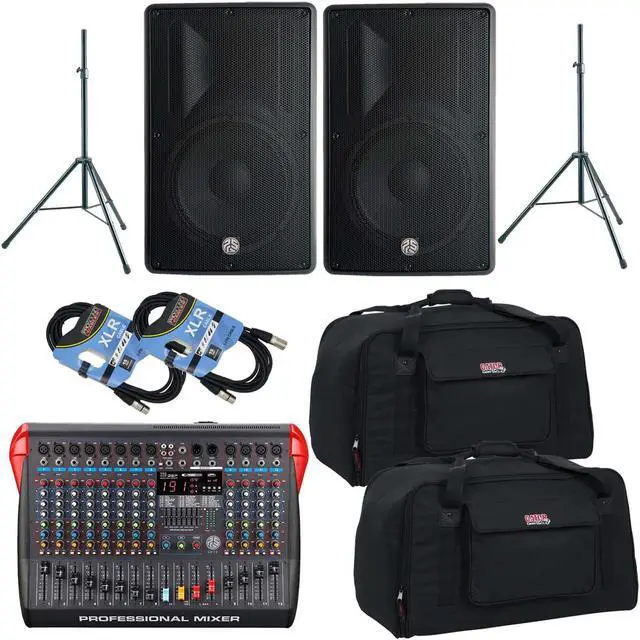 Main image of (2) PSG Audio Cobra 12 1600 Watt, PSG Audio LX12 Mixer, (2) Gator Tote12, Stands, (2) XLR Cables Bundle