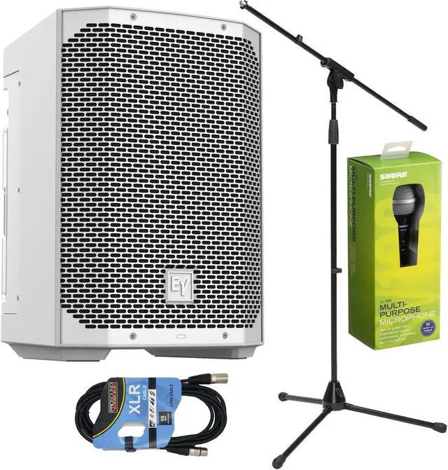 Main image of Electro-Voice Everse 8 Battery Speaker (White), Mic Stand, Shure SV100, XLR Cable Bundle