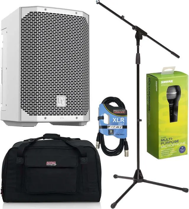 Main image of Electro-Voice Everse 8 Battery Speaker (White), Mic Stand, Shure SV100, XLR Cable, Gator TOTE12 Bundle