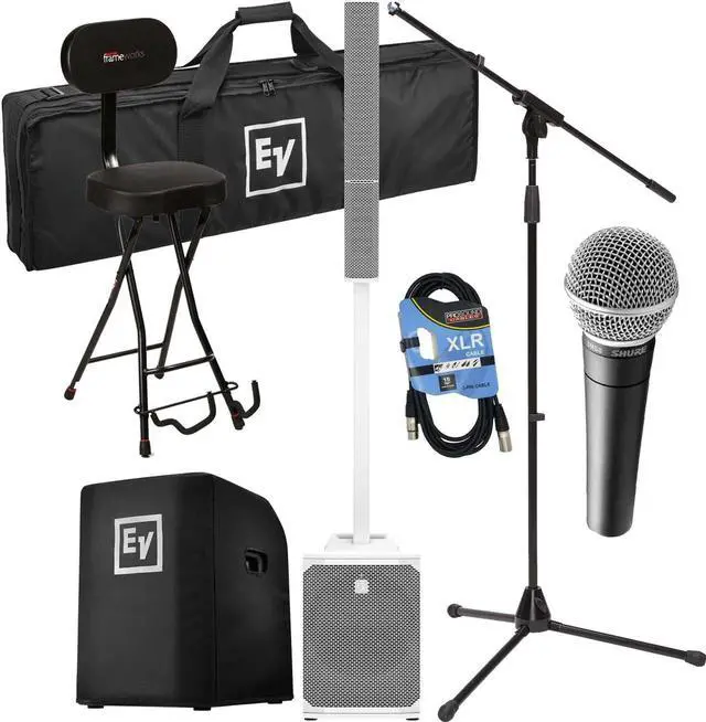 Main image of Electro-Voice Evolve 50M Powered Speaker  White (Top Cover Included), Guitar GFW-GTR-SEAT, EVOLVE50-SUBCVR, Mic Stand, SM58 Mic, XLR Cable Bundle