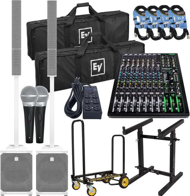 Main image of (2) Electro-Voice Evolve 50M Powered Speaker  White (Top Cover Included), Rock-N-Roller R2RT, Mackie ProFX12V3, (4) XLR Cables, (2) PG48 Mic, Furman (SS6B), Mixer Stand RXS20 Bundle
