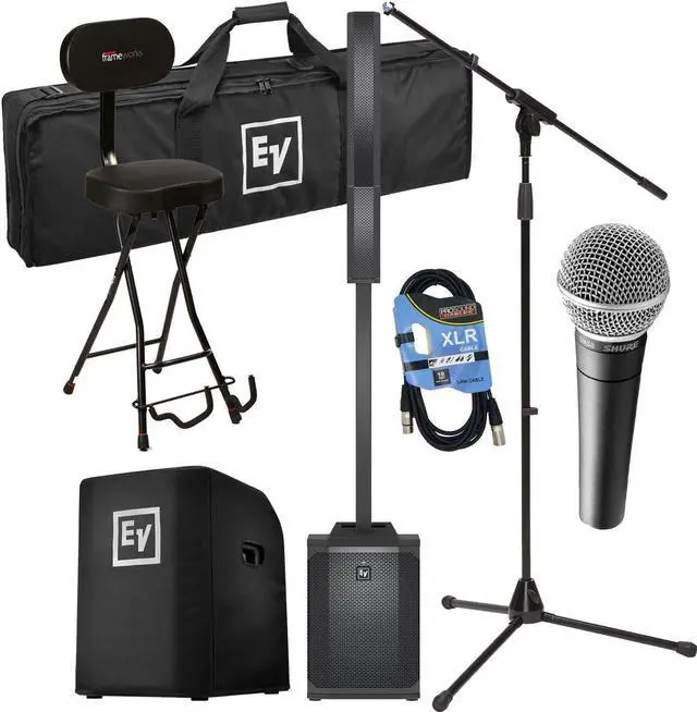 Main image of Electro-Voice Evolve 50M Powered Speaker (Top Cover Included), Guitar GFW-GTR-SEAT, EVOLVE50-SUBCVR, Mic Stand, SM58 Mic, XLR Cable Bundle