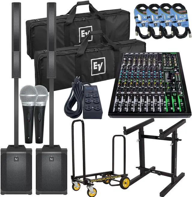 Main image of (2) Electro-Voice Evolve 50M Powered Speaker (Top Cover Included), Rock-N-Roller R2RT, Mackie ProFX12V3, (4) XLR Cables, (2) PG48 Mic, Furman (SS6B), Mixer Stand RXS20 Bundle