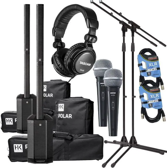 Main image of (2) HK AUDIO POLAR 10 2000W Powered Array System with Bluetooth, (2) SV100 Mic, (2) Mic Stand, Tascam TH02, (2) XLR Cables Bundle