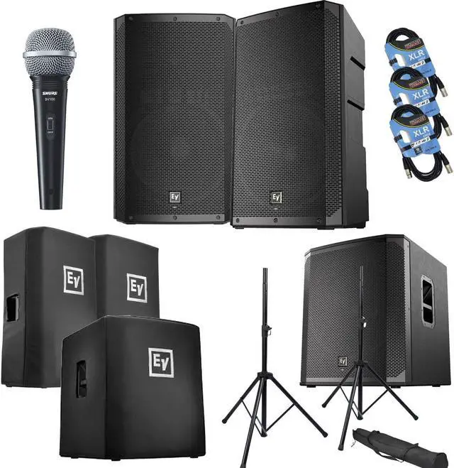 Main image of (2) Electro-Voice ELX200-15P, (1) EV ELX200-18SP, (2) ELX200-15P Covers, (1)ELX200-18SP Cover, (2) Speaker Stands, SV100 Mic, (3) XLR Cables Bundle