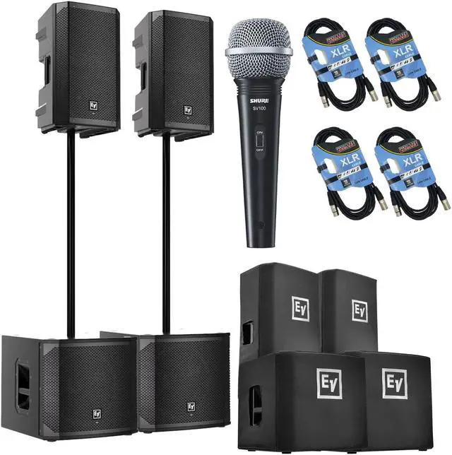 Main image of (2) Electro-Voice ELX200-15P, (2) EV ELX200-12SP, (2) ELX200-15P Covers, (2) ELX200-12SP Covers, (2) Poles, SV100 Mic, (4) XLR Cables Bundle