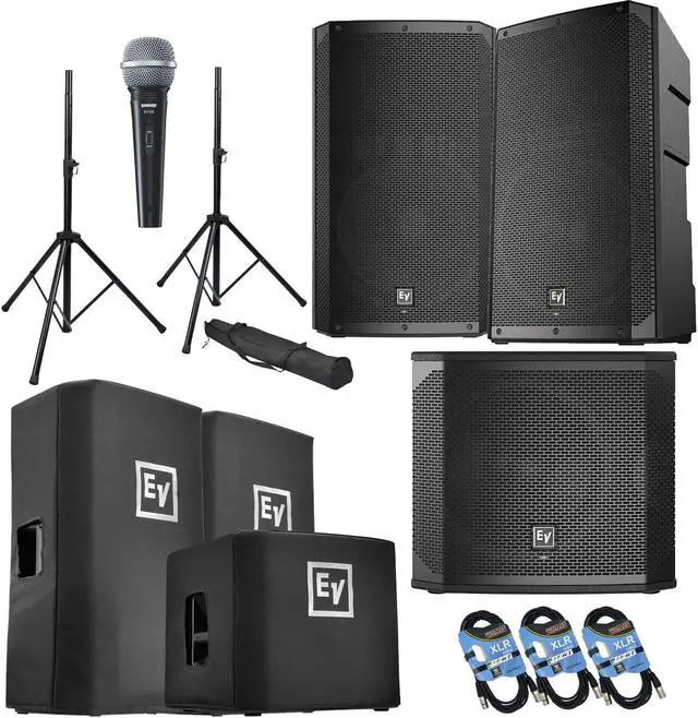 Main image of (2) Electro-Voice ELX200-15P, (1)EV ELX200-12SP, (2) ELX200-15P Covers, (1)ELX200-12SP Cover, (2) Speaker Stands, SV100 Mic Bundle