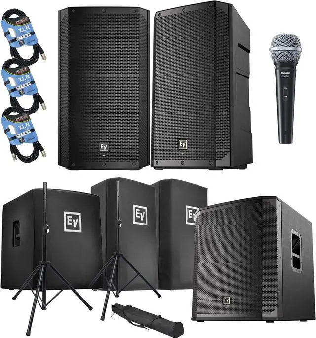 Main image of (2) Electro-Voice ELX200-12P, (1) EV ELX200-18SP, (2) ELX200-12P Covers, (1) ELX200-18SP Cover, (2) Speaker Stands, SV100 Mic, (3) XLR Cables Bundle