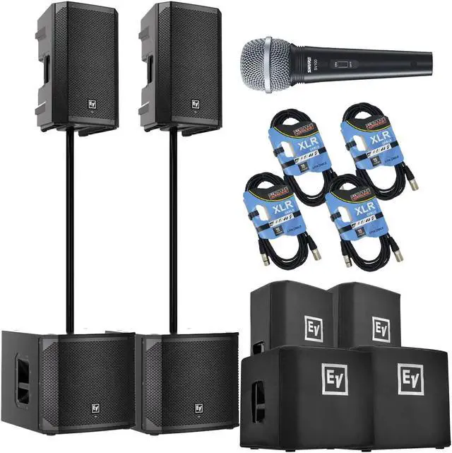 Main image of (2) Electro-Voice ELX200-12P, (2) EV ELX200-12SP, (2) ELX200-12P Covers, (2) ELX200-12SP Covers, (2) Poles, SV100 Mic, (4) XLR Cables Bundle