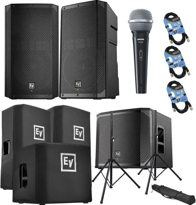 Main image of (2) Electro-Voice ELX200-12P, EV ELX200-12SP, (2) ELX200-12P Covers, ELX200-12SP Cover, (2) Speaker Stands, SV100 Mic, (3) XLR Cables Bundle