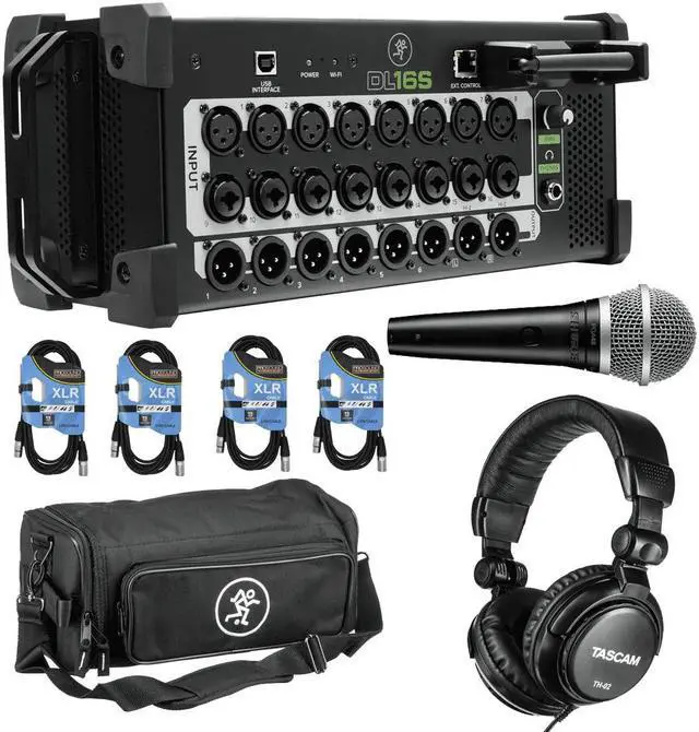 Main image of Mackie DL16S 16-Channel Wireless Digital Live Sound Mixer with Built-In Wi-Fi + Mackie DL16S Digital Mixer Bag + Tascam TH-02+ Dynamic Microphone + (4) XLR Cables.