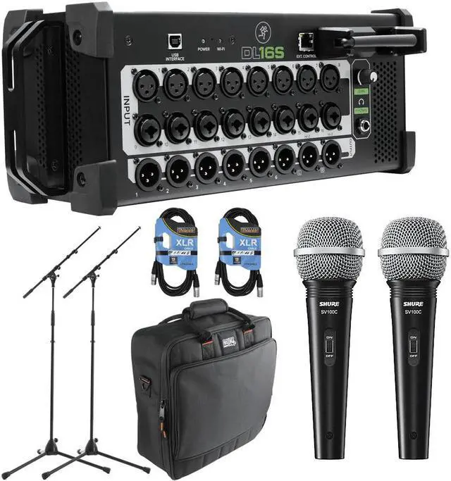 Main image of Mackie DL16S 16-Channel Wireless Digital Live Sound Mixer with Built-In Wi-Fi + (2)Handheld Cardioid Dynamic Microphone + Gator Cases G-MIXERBAG-1515 + Cables and Mic Stands.