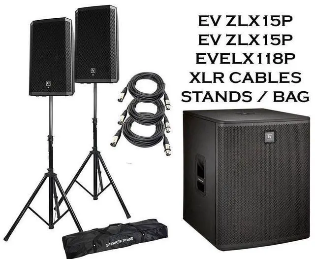 Main image of (2) Electro-Voice ZLX-15P 15 Powered Loudspeakers Packaged with Electro-Voice ELX118P 700 Watt 18 Powered Subwoofer + Speaker stand + (2) XLR to XLR Cables 15ft.