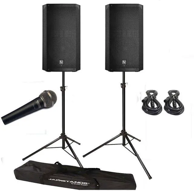 Main image of Electro-Voice ELX200-12P 12 2-Way Powered Speakers & Speaker Stand (Pair) + XLR to XLR Cables and Microphone Package