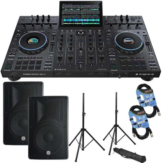 Main image of Denon DJ Prime 4+ Standalone 4-deck DJ Controller, (2) PSG AUDIO Cobra 115, Speaker Stands, (2) XLR Cables Bundle