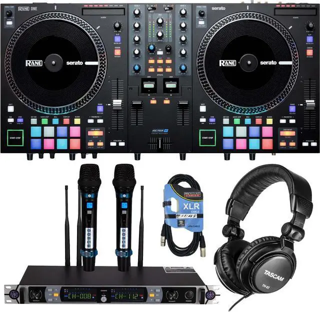Main image of Rane One 2-channel Motorized DJ Controller, PSG Audio UGX 20II Dual Wireless Mic, Tascam TH02, XLR Cable Bundle