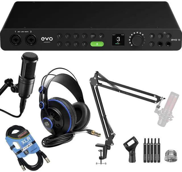 Main image of Audient EVO 16 24×24 USB Audio Interface, AT2020 Mic, Presonus HD7, Desk Stand, XLR Cable Bundle