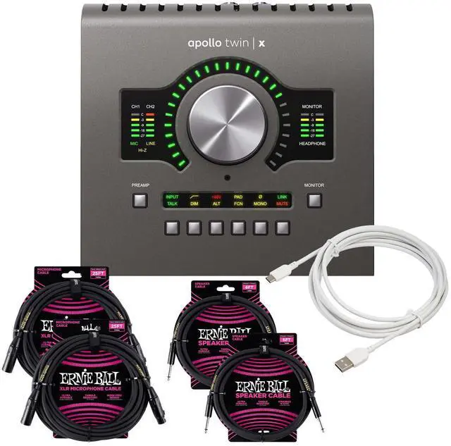 Main image of Universal Audio Apollo Twin X USB DUO Heritage Edition, (2) ErnieBall XLR Cable, (2) ErnieBall 1/4 Cable, USB-C Cable Bundle