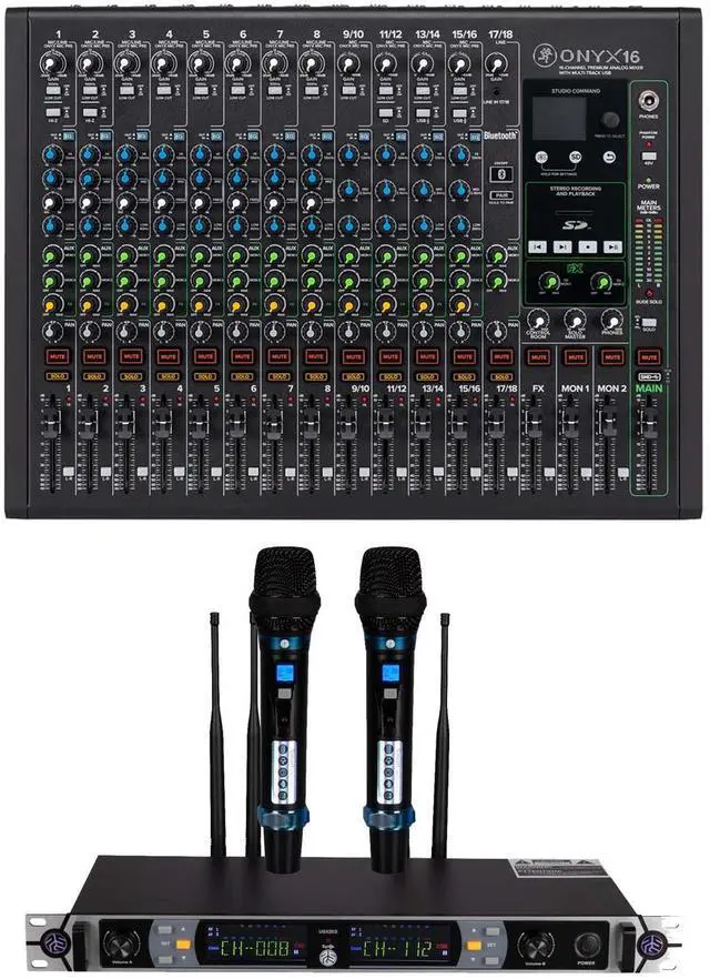 Main image of Mackie Onyx16 16-channel Analog Mixer, PSG AUDIO UGX20II Dual Wireless Mic Bundle
