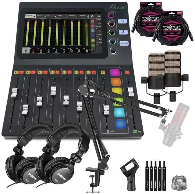 Main image of Mackie DLZ Creator 12-channel Digital Mixer, (2) Rode PodMic, (2) ErnieBall XLR, (2) Tascam TH02, Desk Boom Stand Bundle