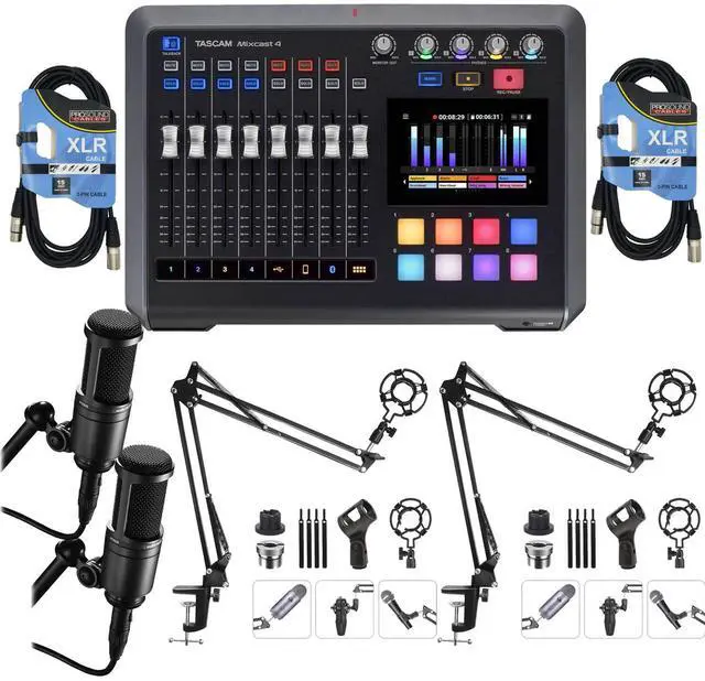 Main image of TASCAM Mixcast 4 Podcast Workstation, (2) AT2020 Mic, (2) Puroma Mic Boom Arm, (2) XLR Cables Bundle