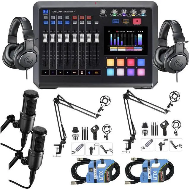 Main image of TASCAM Mixcast 4 Podcast Workstation, (2) AT2020 Mic, (2) Puroma Mic Boom Arm, (2) ATH-M20X, (2) XLR Cables Bundle