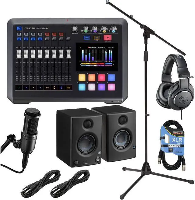 Main image of TASCAM Mixcast 4 Podcast Workstation, Presonus E3.5 Monitors , AT2020 Mic, ATH-M20X, Boom Mic Stand, XLR Cable, (2) 1/4 Cables Bundle