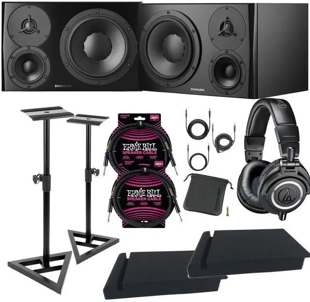 Main image of (2) Dynaudio LYD 48  3-Way Speakers (Left/Right  Black), Monitor Stands, (2) ErnieBall cables, Pads, AT ATH-M50X Bundle