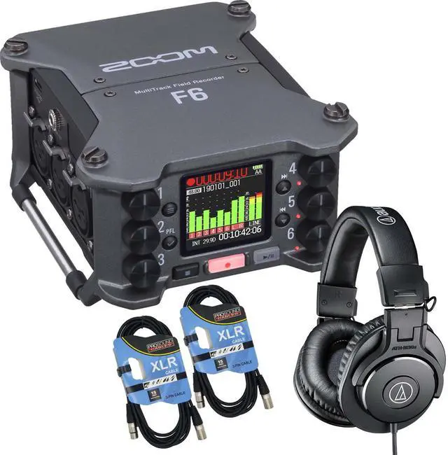 Main image of Zoom F6 6-Input / 14-Track Multitrack, Audio Technica ATH-M30X, (2) XLR Cables Bundle
