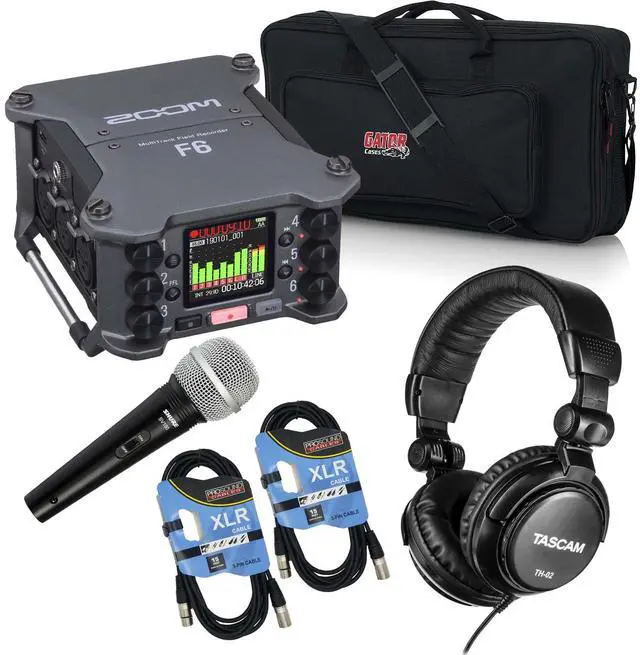 Main image of Zoom F6 6-Input / 14-Track Multitrack, (2) SV100 Mic, Tascam TH02, (2) XLR Cables, SD Card 32GB, Gator GK2110 Bundle
