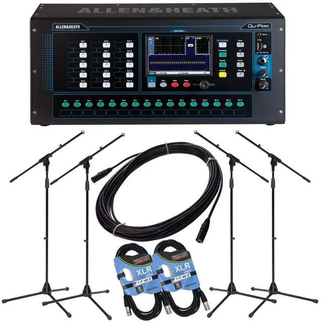 Main image of Allen & Heath Qu-Pac Rack Digital Mixer, Audio 50FT Ethercon Cable, (4) Mic Stands, (4) XLR Cables Bundle