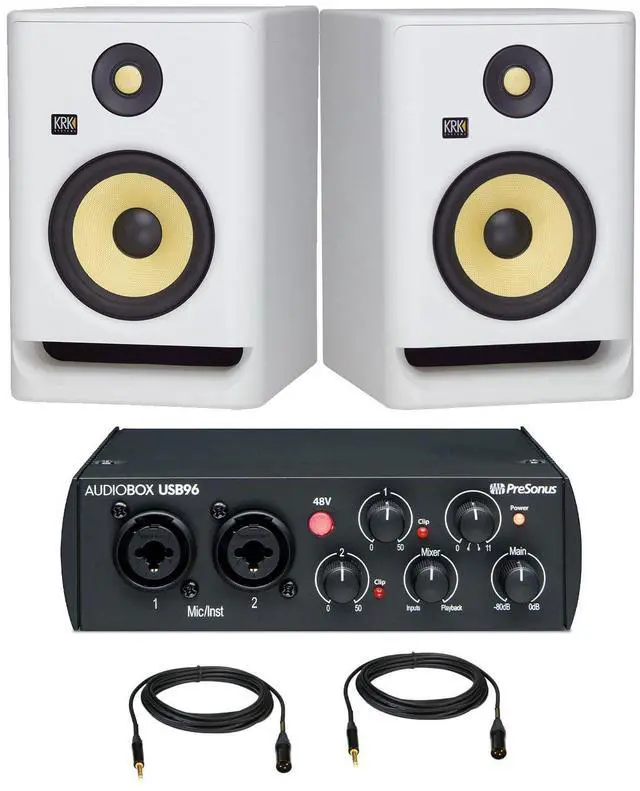 Main image of (2) KRK ROKIT 7 G4 7 Studio Monitor (White), Presonus AudioBox 96 USB, (2) XLR to 1/4 Cables Bundle
