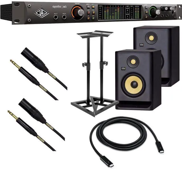 Main image of Universal Audio Apollo x6 Heritage Edition  16 x 22 Thunderbolt, (2) KRK RP5G4 Monitors, Monitor Stands, (2) Mogami XLR to 1/4, Thunderbolt 3 Cable Bundle