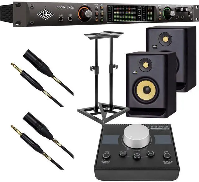 Main image of Universal Audio Apollo x8p Heritage Edition 16 x 22 Thunderbolt, (2) KRK RP5G4 Monitors, Monitor Stands, (2) Mogami XLR to 1/4, Mackie Big Knob Passive Bundle